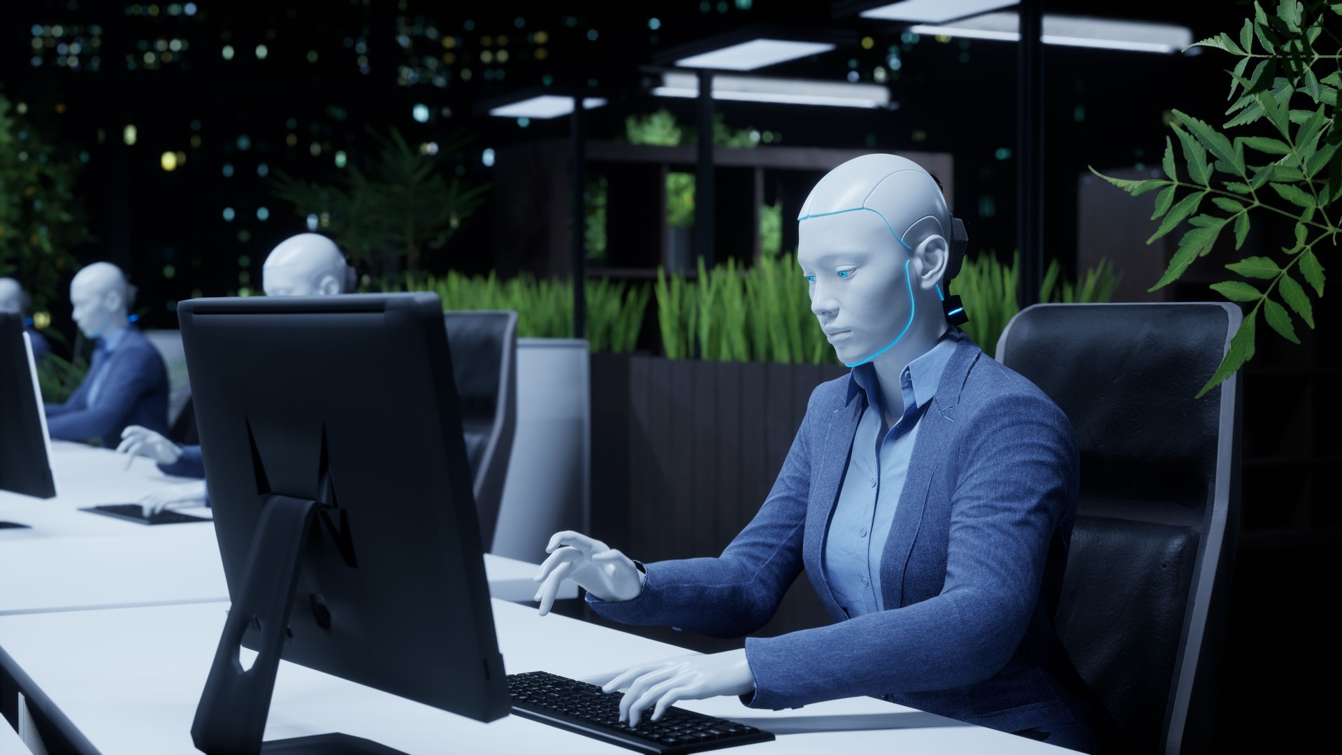 3d render of humanoid robots working in modern office, future concept