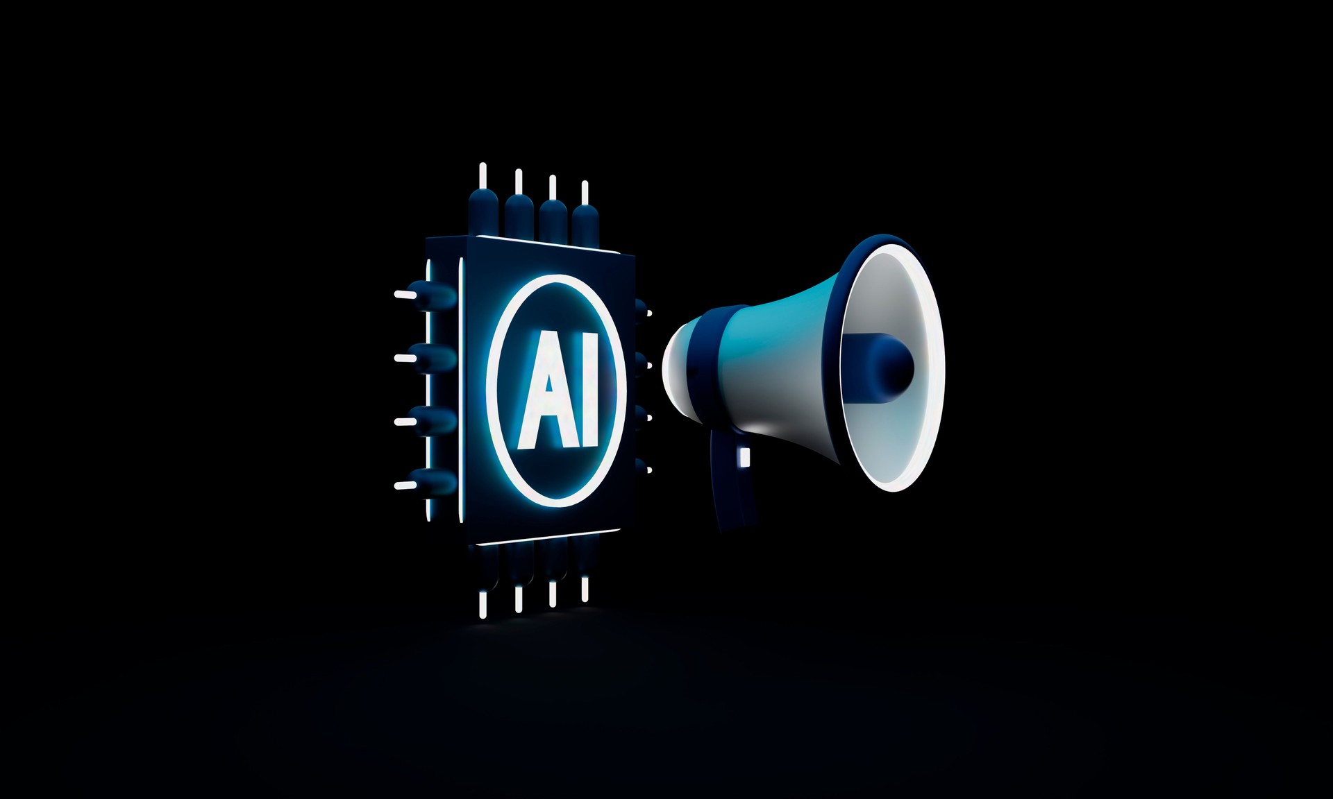 Artificial intelligence chip and megaphone. Concept of the influence of artificial intelligence on voice cloning. Neon technology.